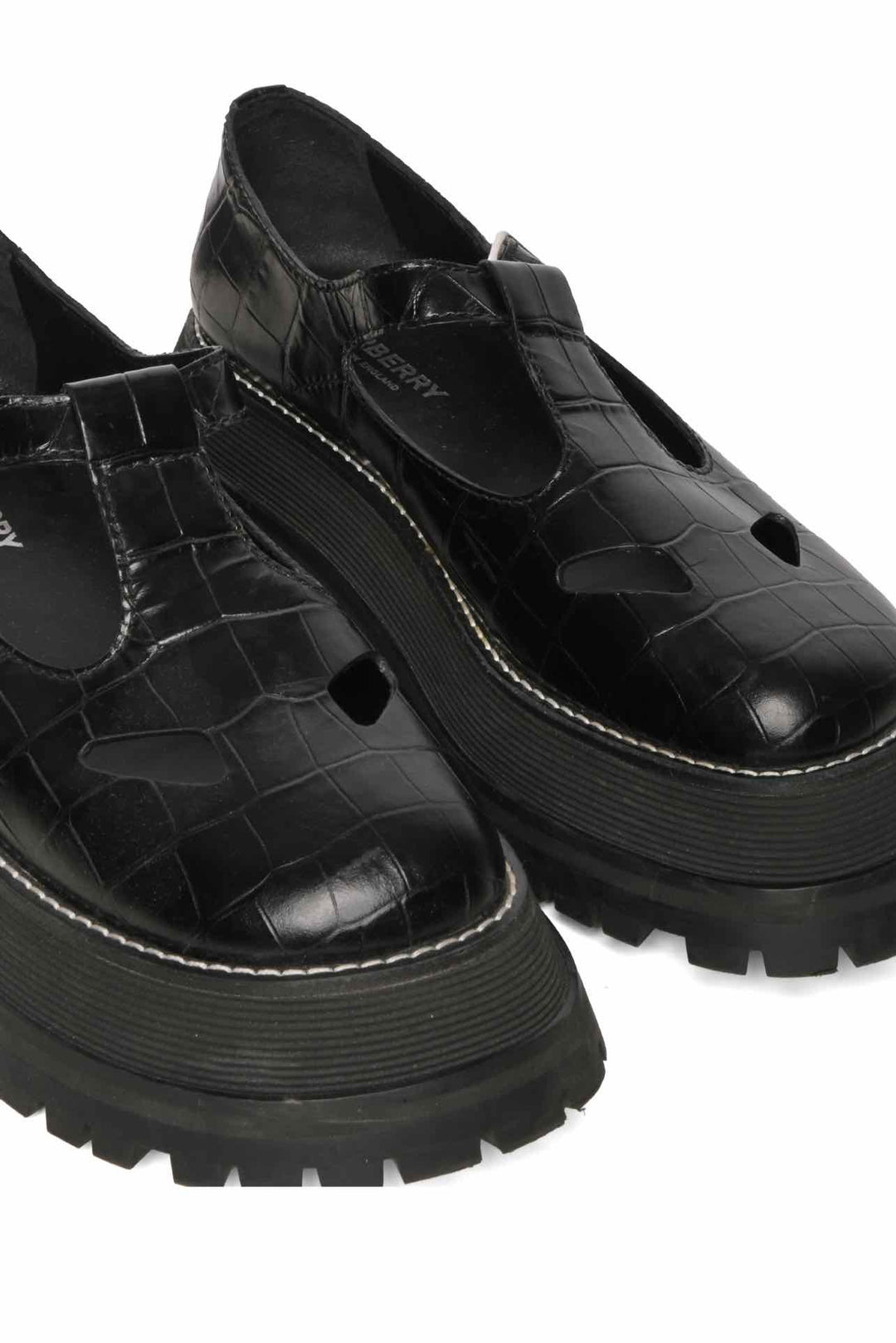 Burberry Size 37 Aldwych Croc Embossed Mary Jane Platform Leather Oxford Flats