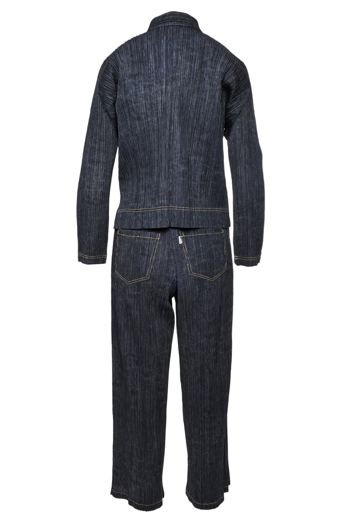 Pleats Please Size S Denim Print Pleated Blouse & Pant Set
