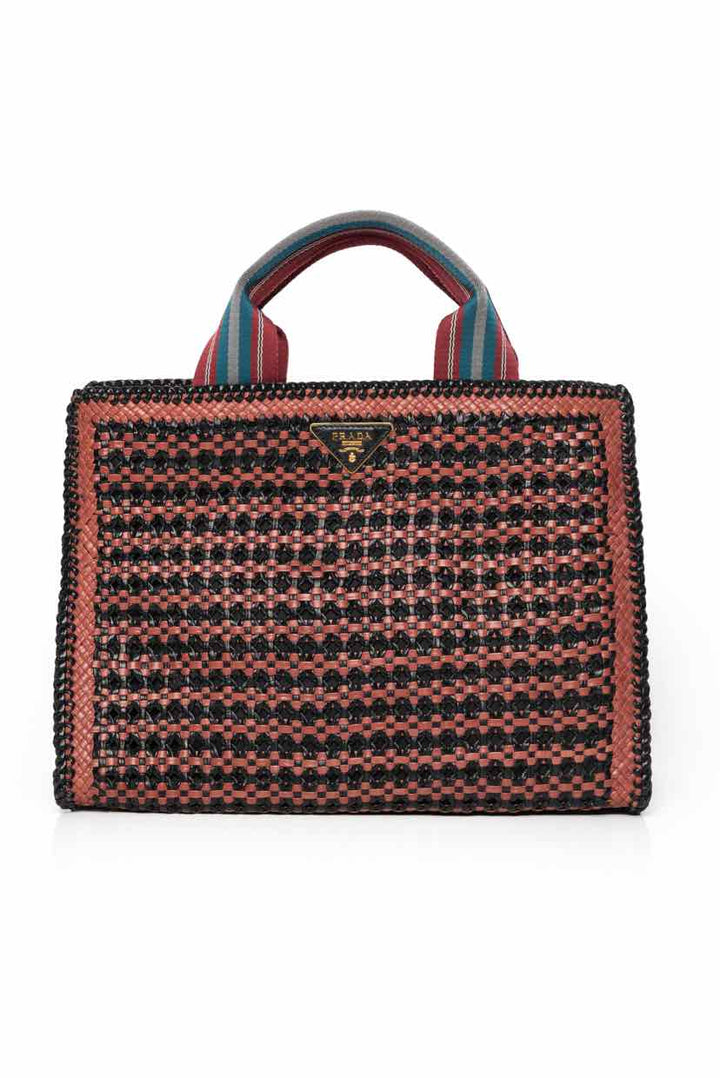 Prada Convertible Open Tote Madras Woven Leather Tote