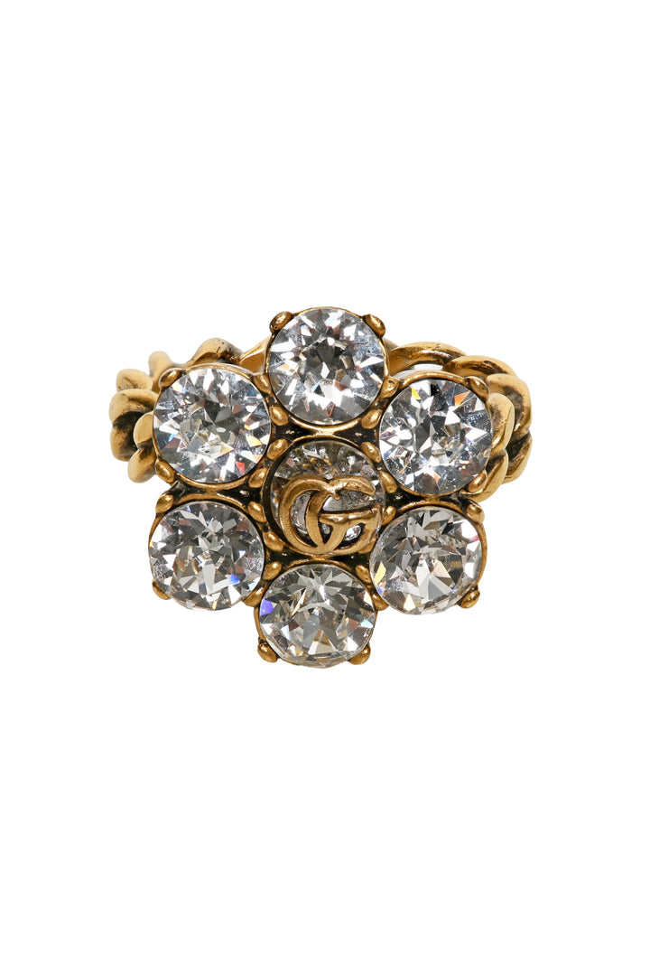 Gucci Size 8 Aged Gold Tone Metal Crystal Double G Flower Ring
