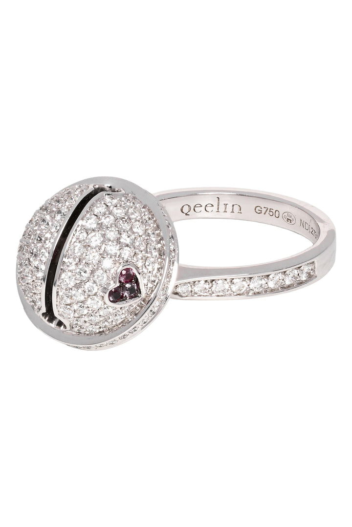 Qeelin Size 5.5 Ling Long 18K White Gold, Pave Diamond & Ruby Bell Ring