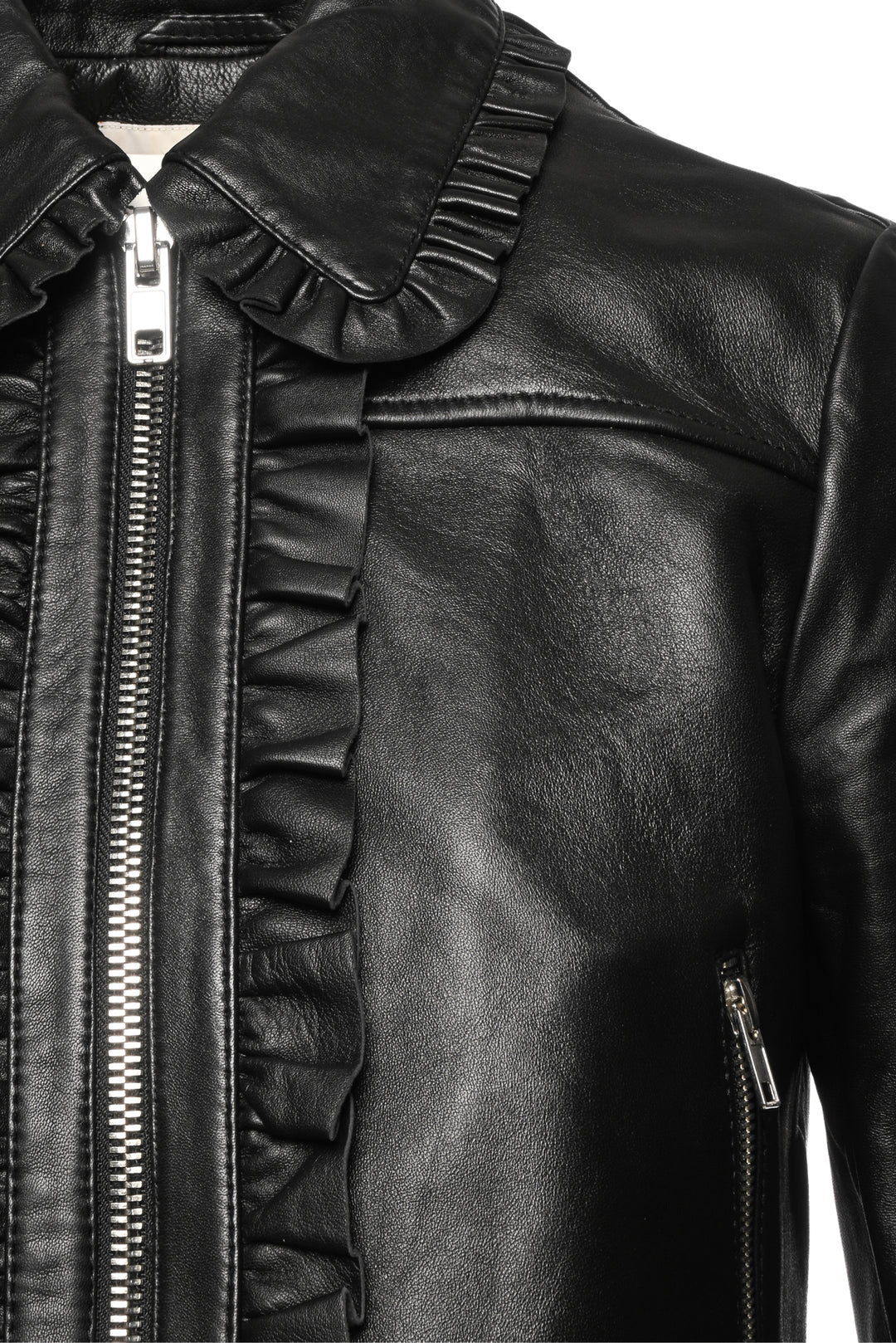 maje Size 40 Ruffle Trim Leather Jacket