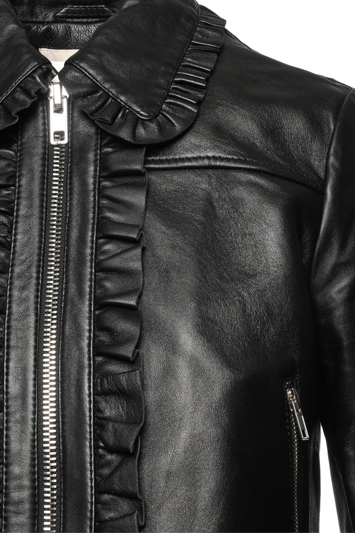 maje Size 40 Ruffle Trim Leather Jacket