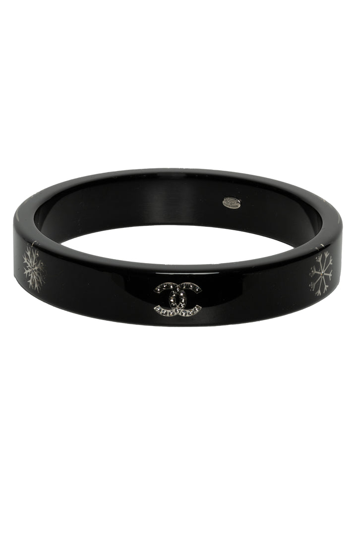 Chanel 2010 Narrow Resin & Strass CC Logo & Snowflake Bangle Bracelet