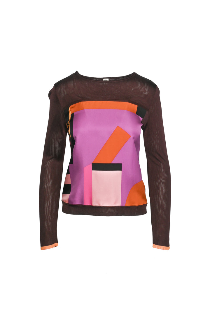 Hermes Size 34 Printed Silk Knit Long Sleeve Tops