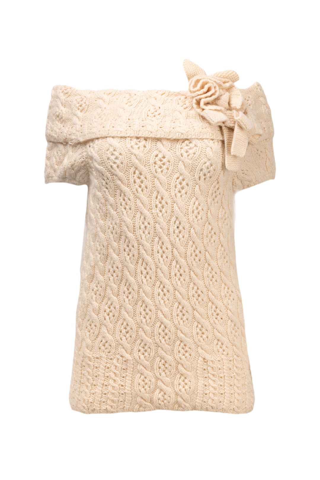 Oscar De La Renta Size L 2009 Cable Knit Flower Cashmere Short Sleeve Sweater