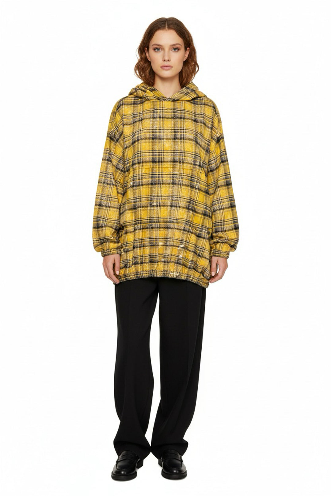 Welldone Size M Distressed Crinkle Check Hooded Sweatshirt