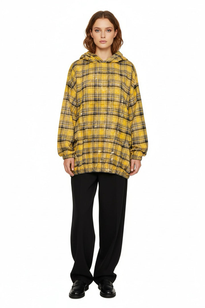 Welldone Size M Distressed Crinkle Check Hooded Sweatshirt