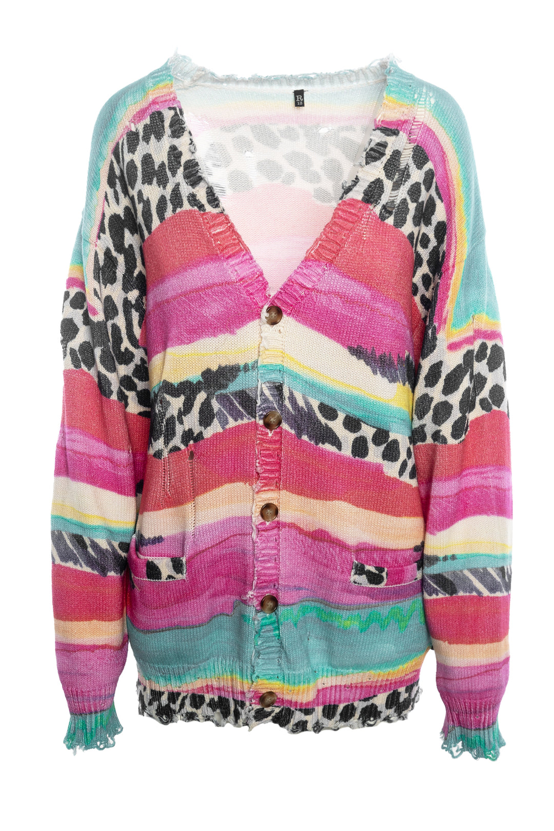 R13 Size S Multi-Striped Distressed Edge Cardigan