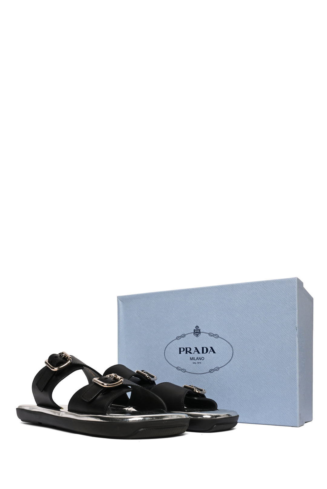 Prada Size 38 Buckled Flat Square Toe Sandals