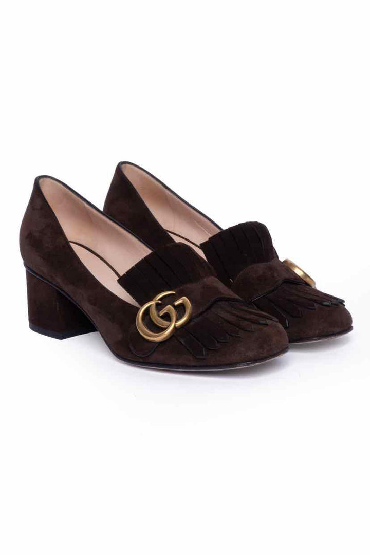 Gucci Size 37 Suede GG Marmont Fringe Pumps