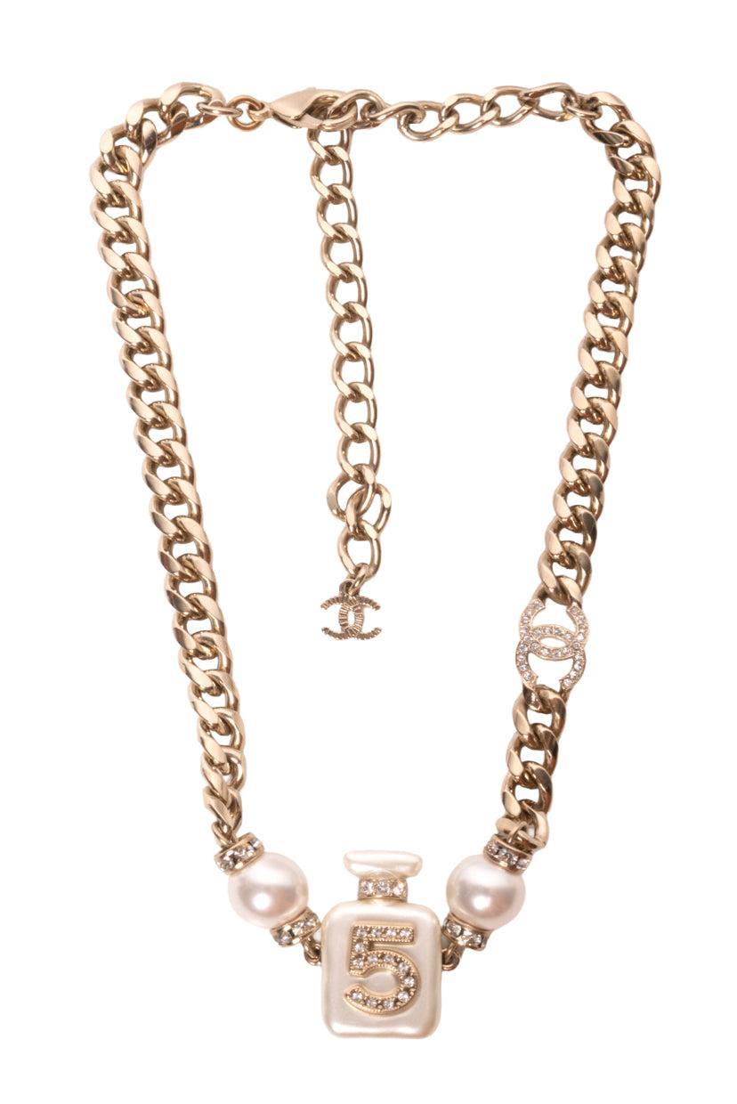 Chanel 2022 Faux Pearl & Strass No. 5 CC Choker Necklace