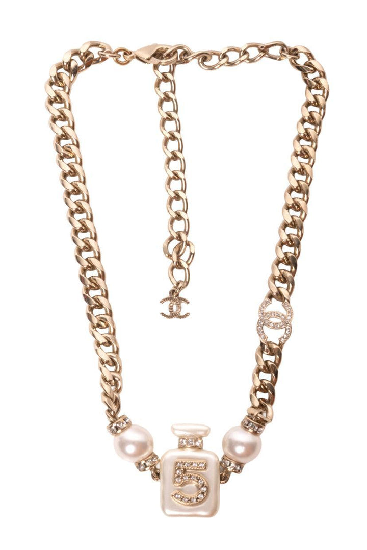 Chanel 2022 Faux Pearl & Strass No. 5 CC Choker Necklace