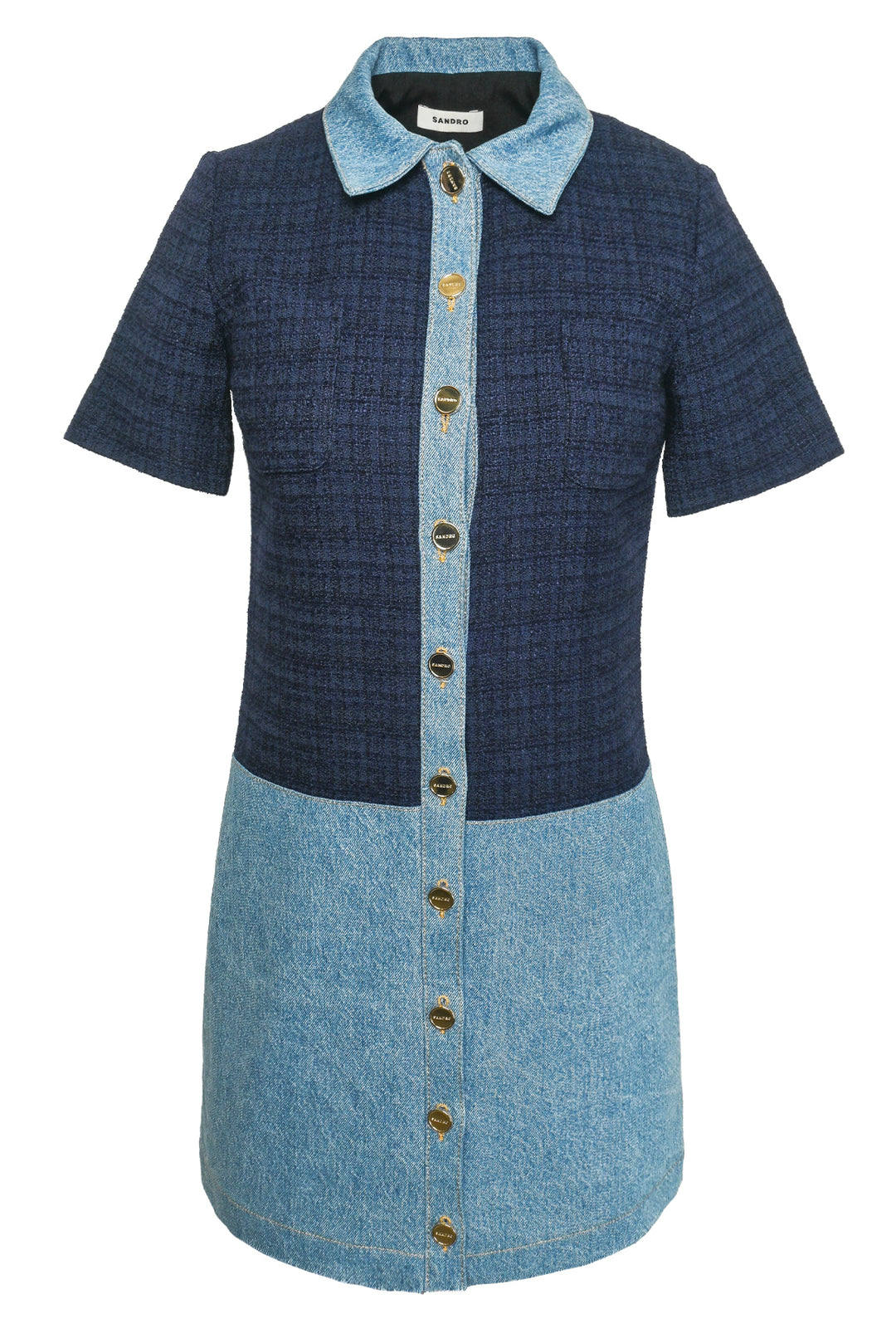 Sandro Size 34 Brooke Denim & Tweed Mini Shirt Dress