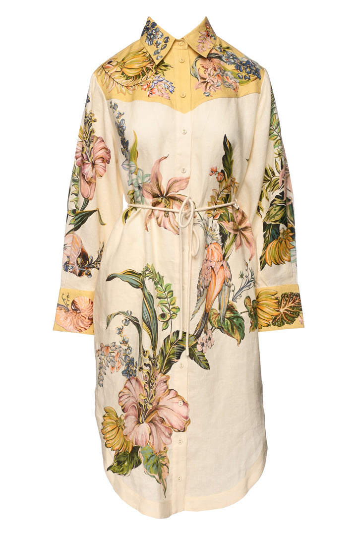 Alemais Size 4 Oleander Printed Flax Midi Shirt Dress