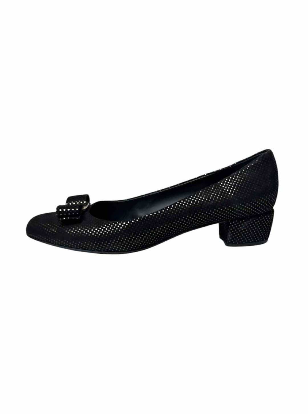 Ferragamo Size 8.5 Vara Bow Metallic Gold Dot Suede Pumps