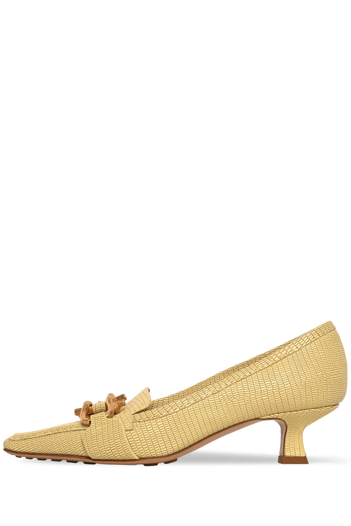 Bottega Veneta Size 35.5 Lizard-Embossed Leather Madame Heeled Loafers