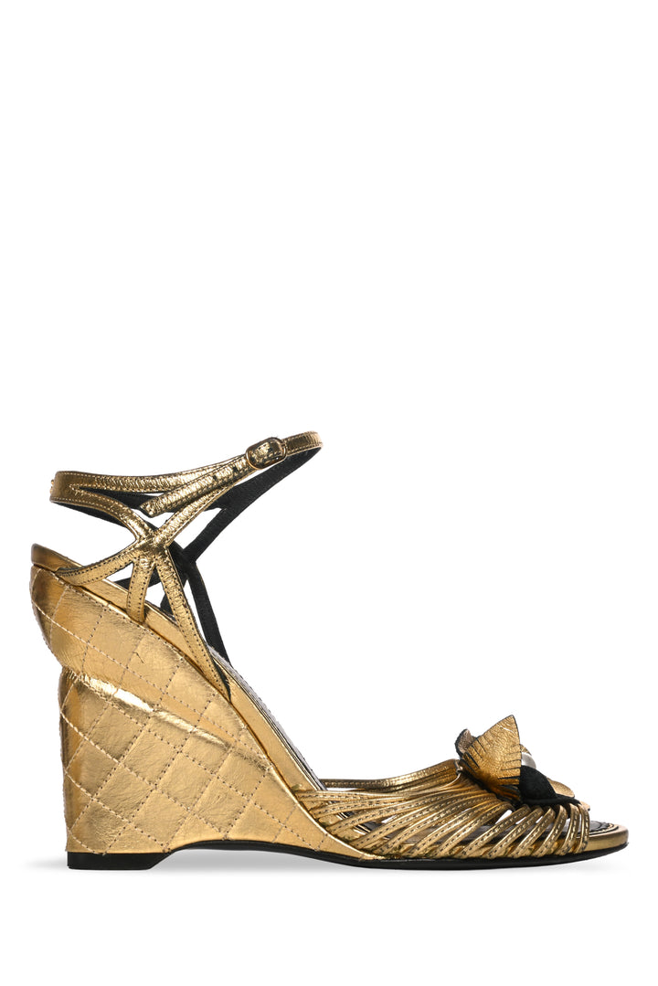 Chanel Size 37 Metallic Faux Pearl Camellia Ankle Strap Wedge Sandals