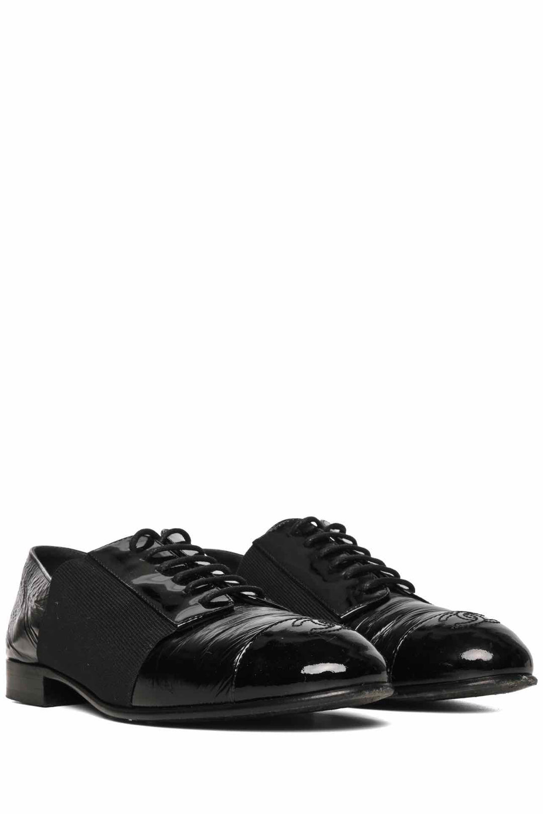 Chanel Size 35 Crinkle Leather Elastic Lace Up Cap Toe CC Loafers