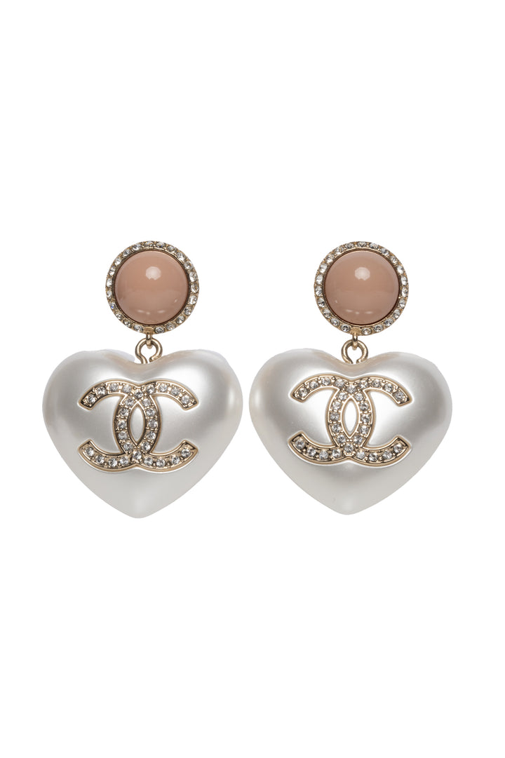 Chanel 2021 Faux Pearl Strass CC Heart Drop Earrings