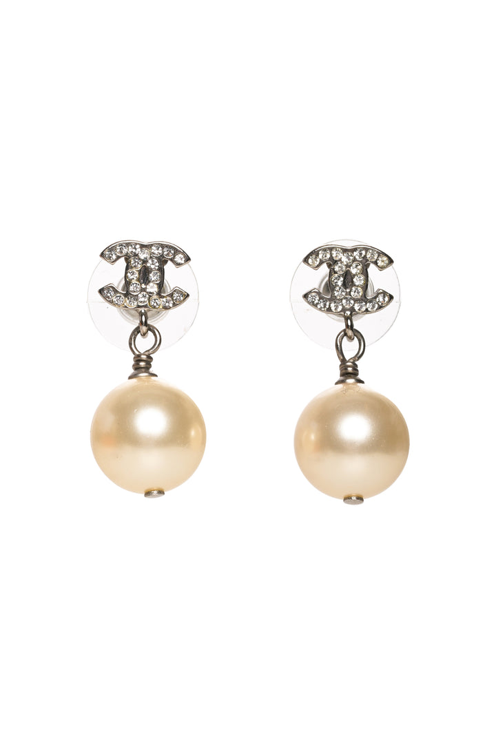 Chanel 2013 Faux Pearl Crystal CC Drop Earrings