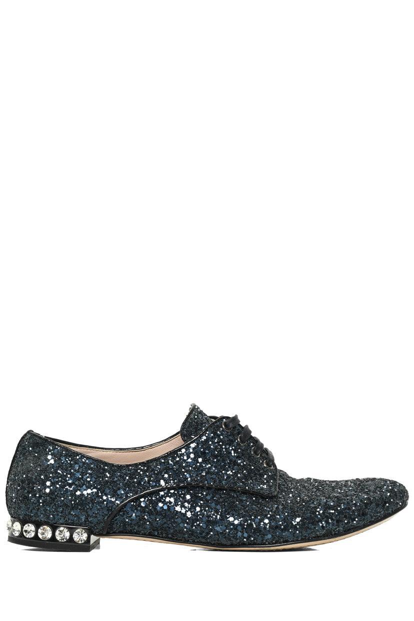 Miu Miu Size 37 Lace Up Glitter & Crystal Flats