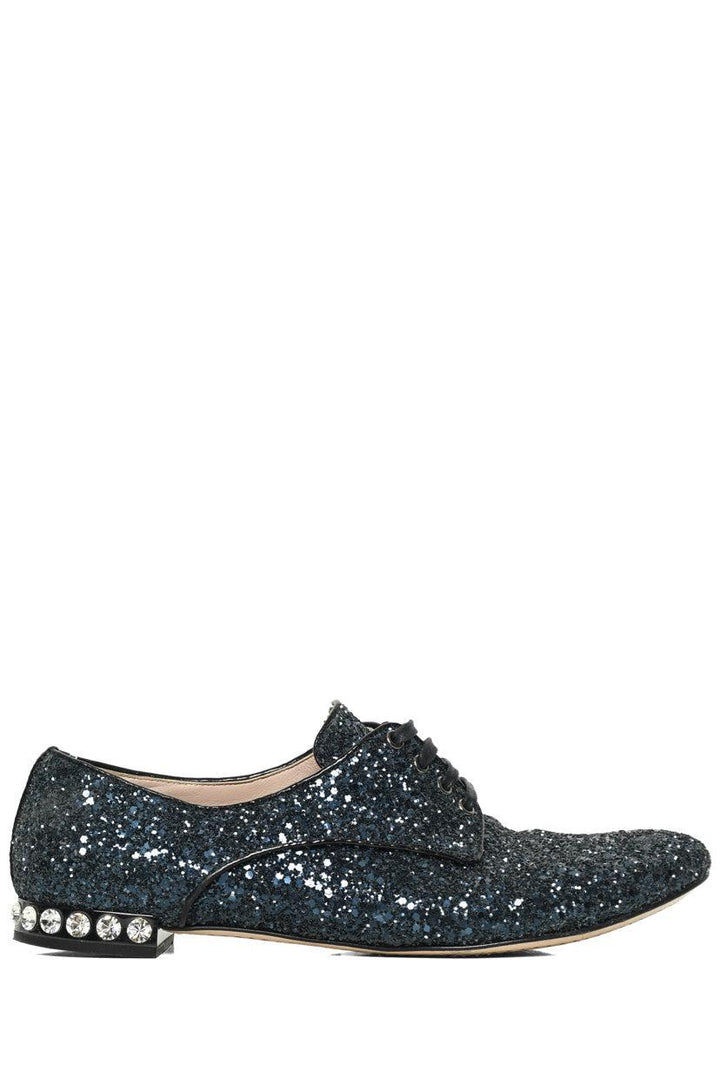 Miu Miu Size 37 Lace Up Glitter & Crystal Flats