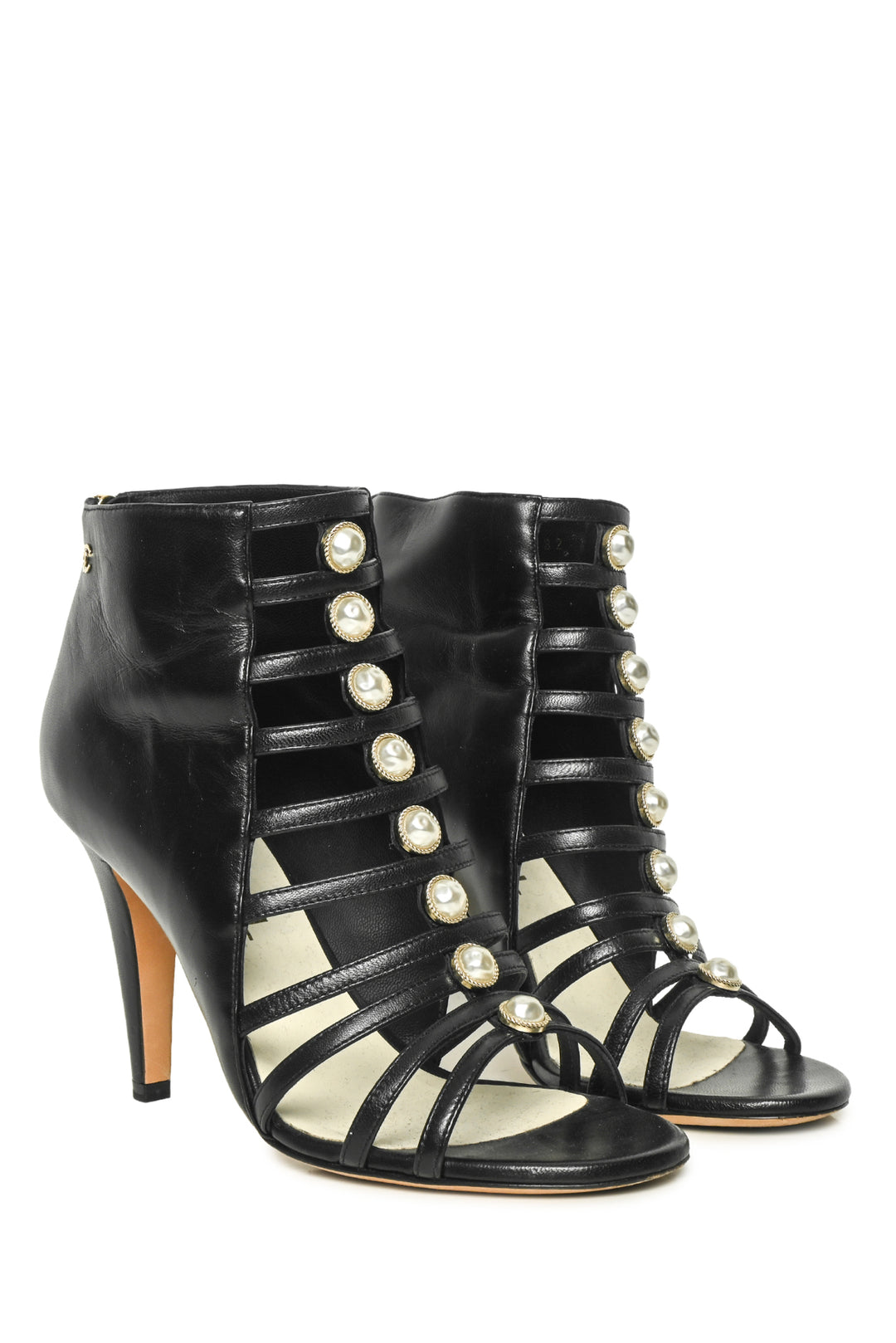 Chanel Size 36.5 Caged Faux Pearl CC Logo Leather Sandals