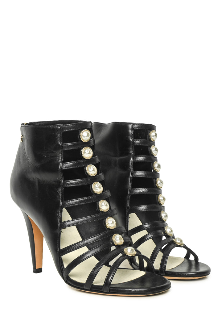 Chanel Size 36.5 Caged Faux Pearl CC Logo Leather Sandals