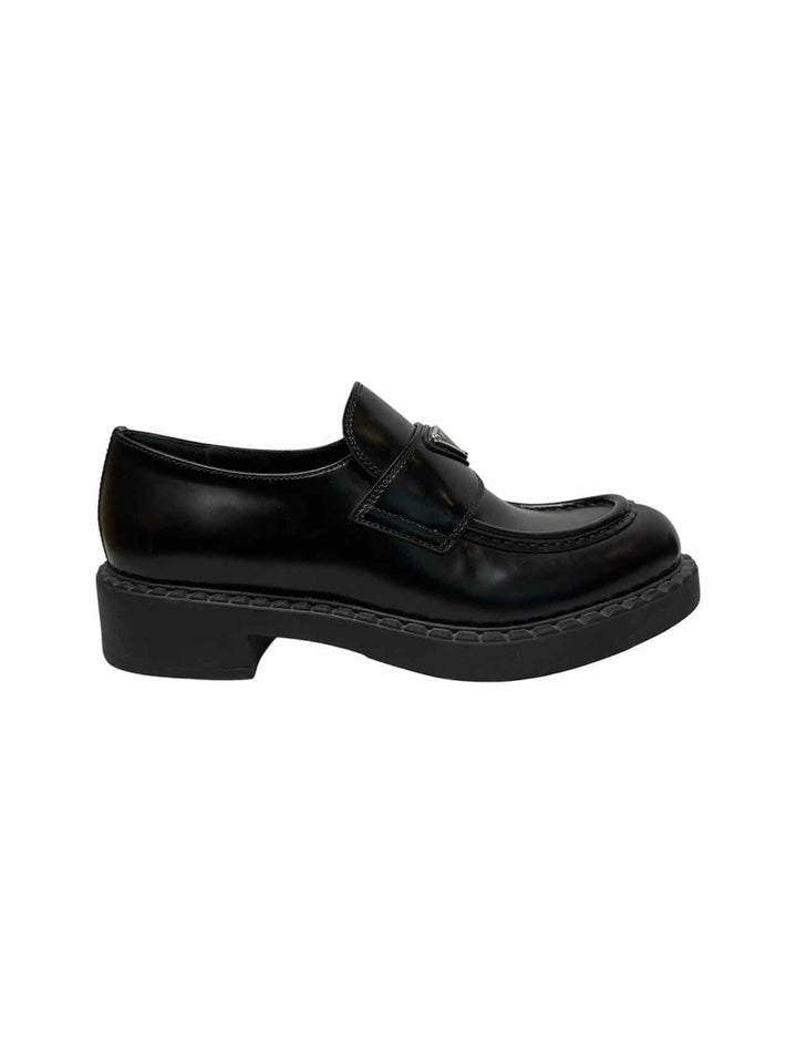 Prada Size 38 Brushed Leather Logo Loafers