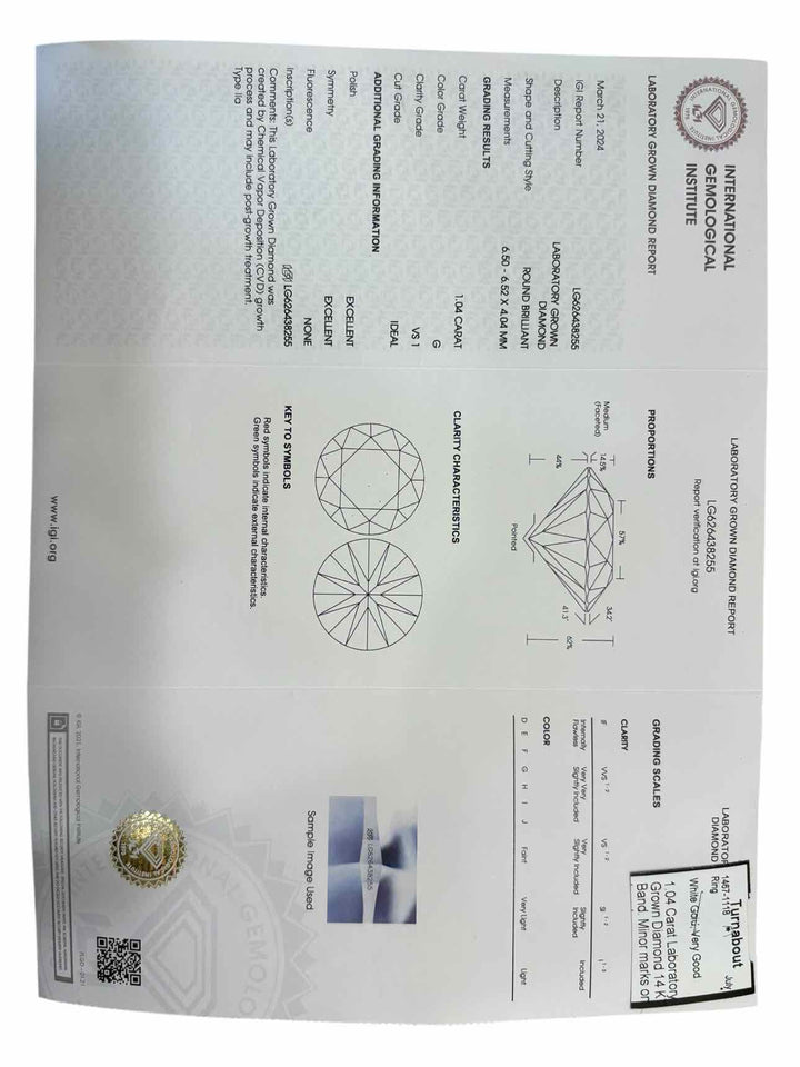1.04 Carat Laboratory Grown Diamond  Size 7 Ring