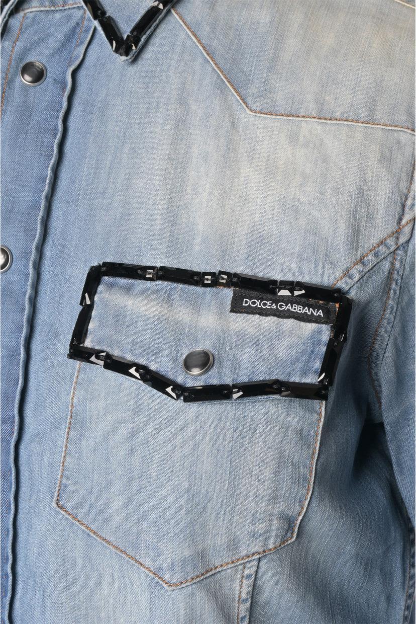 Dolce & Gabbana Size 38 Western Denim Embellished Men's Shirt Long Sleeve