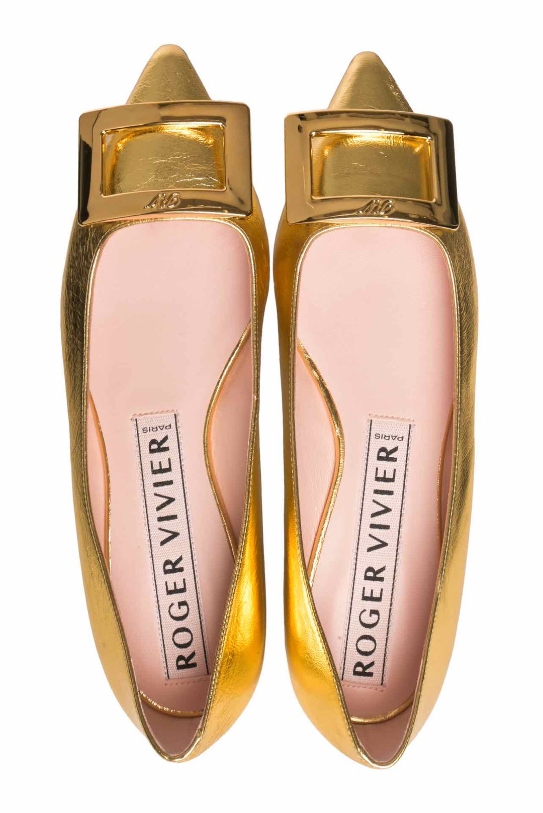 Roger Vivier Size 37.5 Gommettine Metallic Leather Ballet Flats