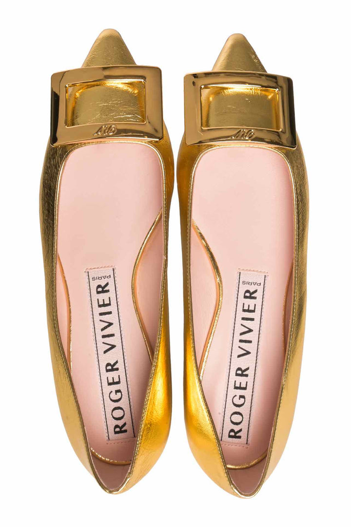 Roger Vivier Size 37.5 Gommettine Metallic Leather Ballet Flats