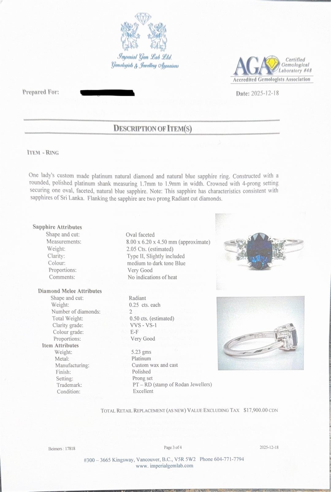 Roden Jewellers Size 6.5 Platinum Natural Diamond & Blue Sapphire Ring
