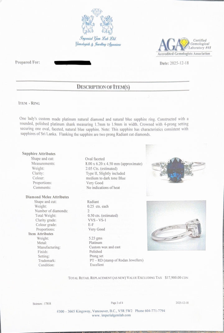 Roden Jewellers Size 6.5 Platinum Natural Diamond & Blue Sapphire Ring