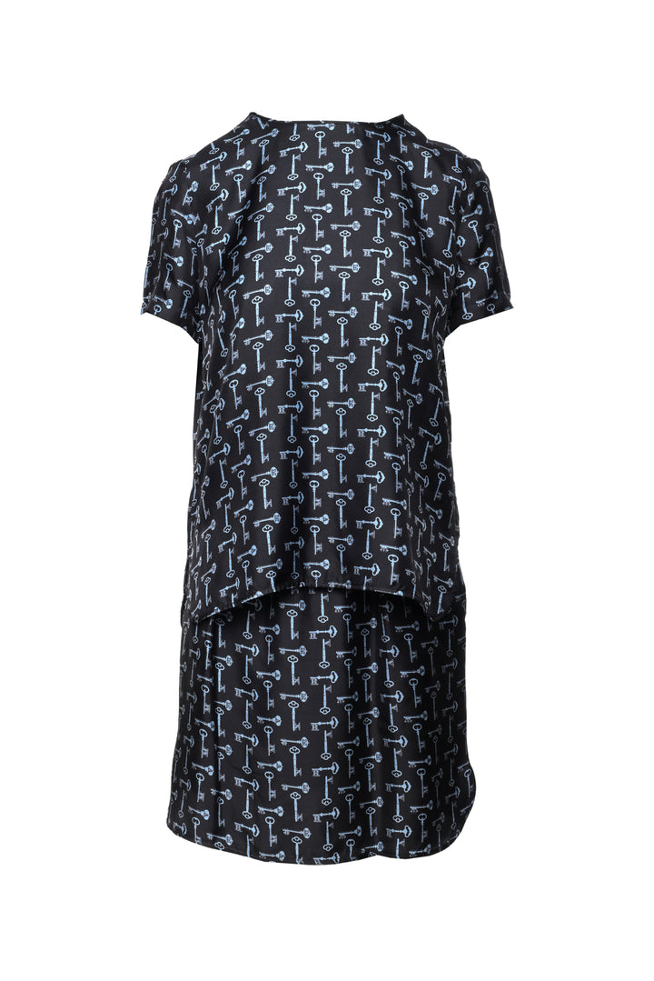 Max Mara Size 6 All Over Key Print Silk Top & Skirt Set