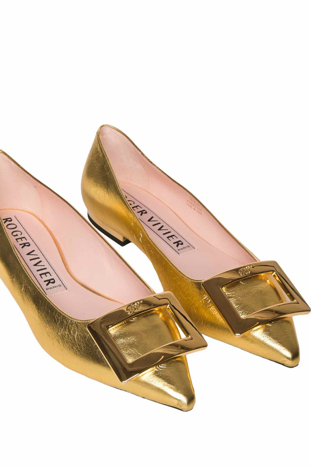 Roger Vivier Size 37.5 Gommettine Metallic Leather Ballet Flats