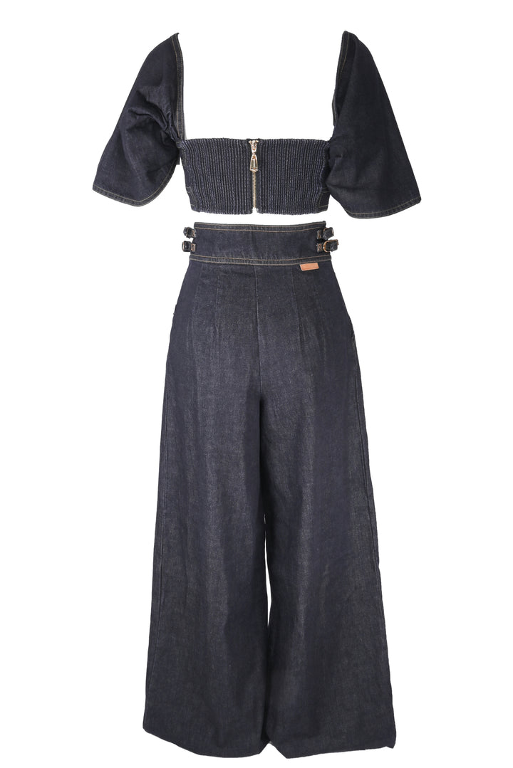 Zimmermann Size XS Rebellion Puffed-Sleeve Denim Top & Wide Leg Denim Pant Set