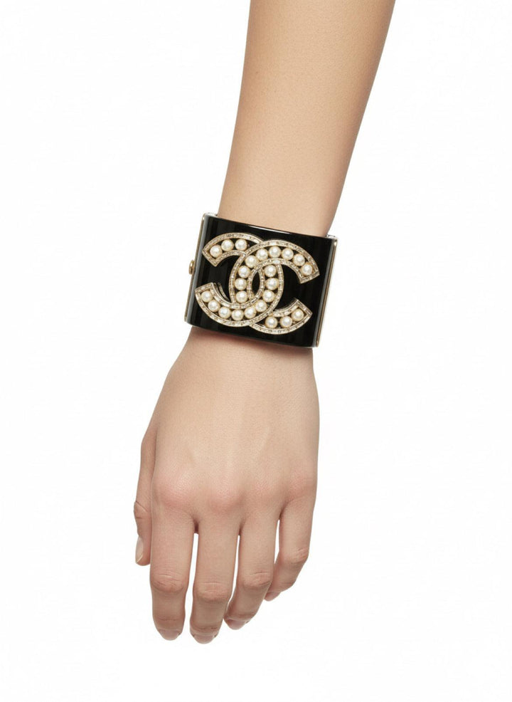 Chanel Resin Baguette Crystal Pearl CC Cuff Bracelet