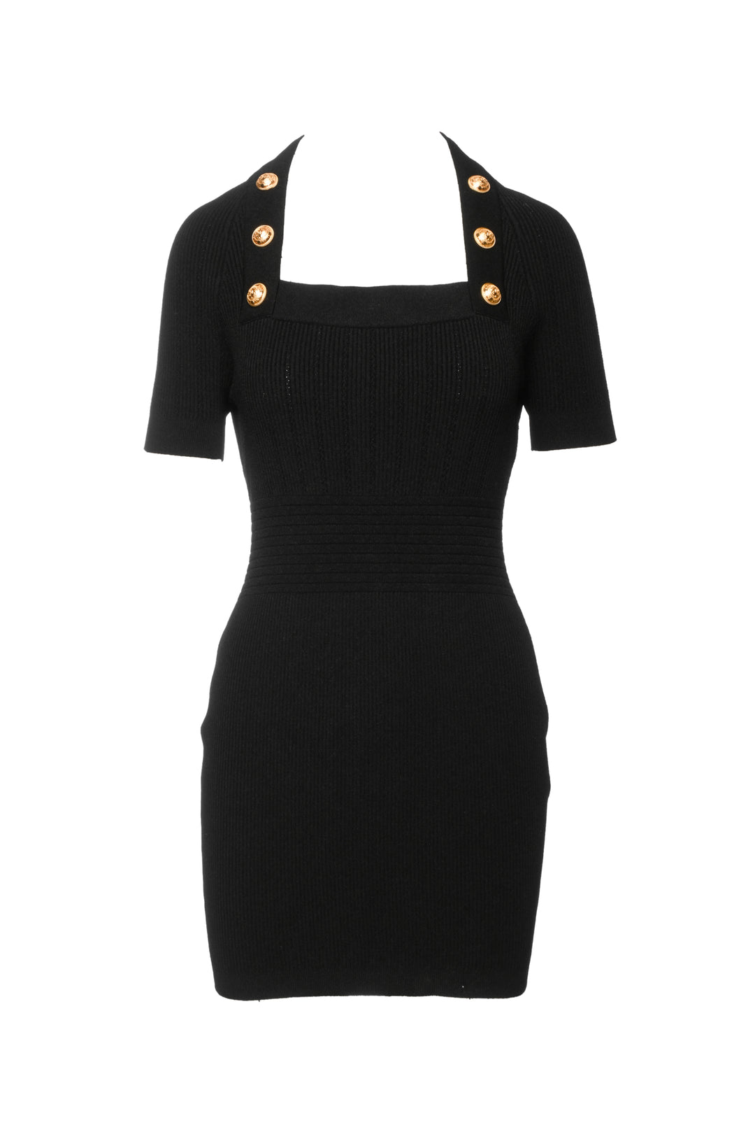 Balmain Size 44 Button Embellished Ribbed Knit Mini Dress
