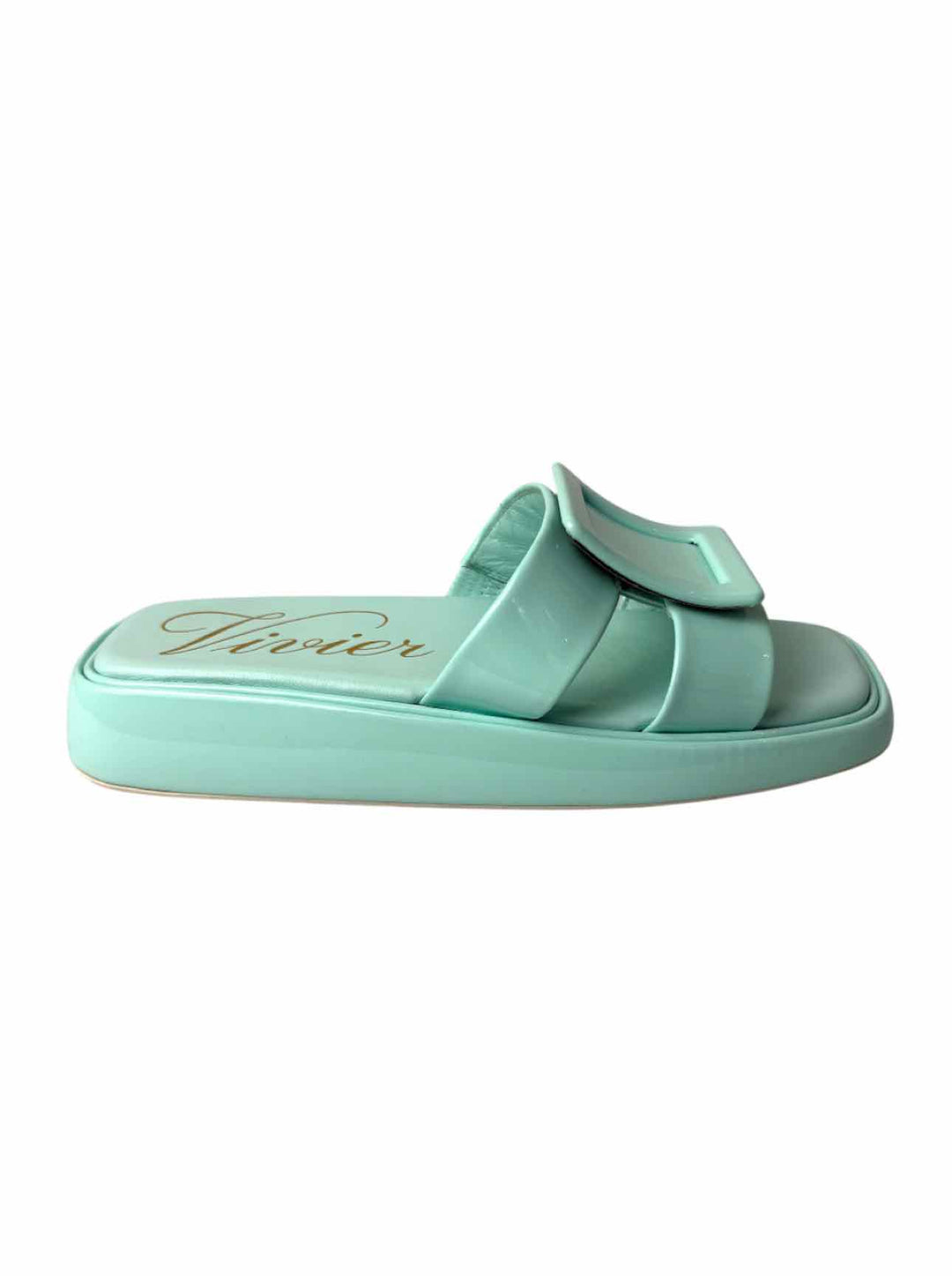 Roger Vivier Size 37 Buckle-Embellished Patent Leather Slide Mule Sandals