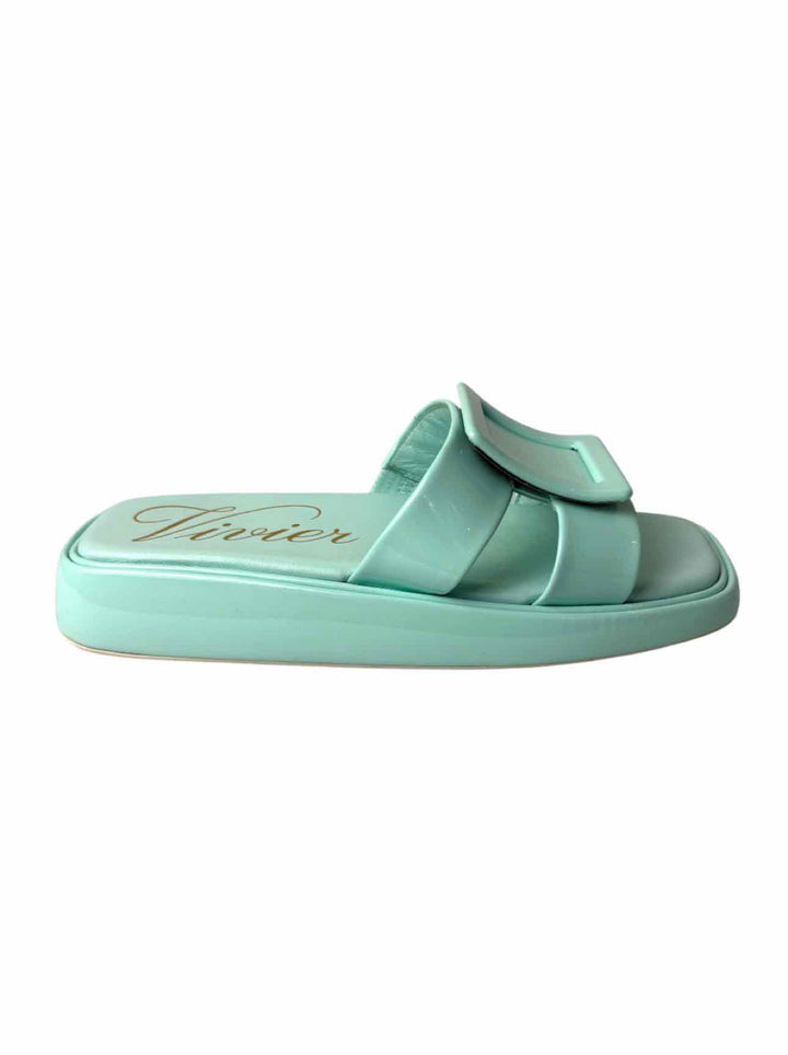 Roger Vivier Size 37 Buckle-Embellished Patent Leather Slide Mule Sandals