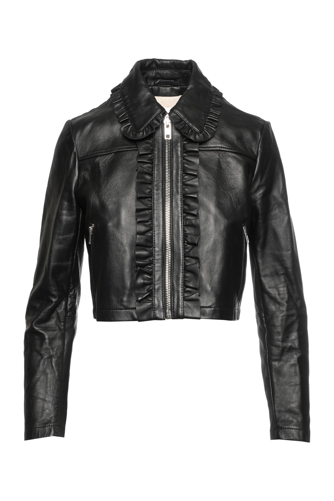 maje Size 40 Ruffle Trim Leather Jacket