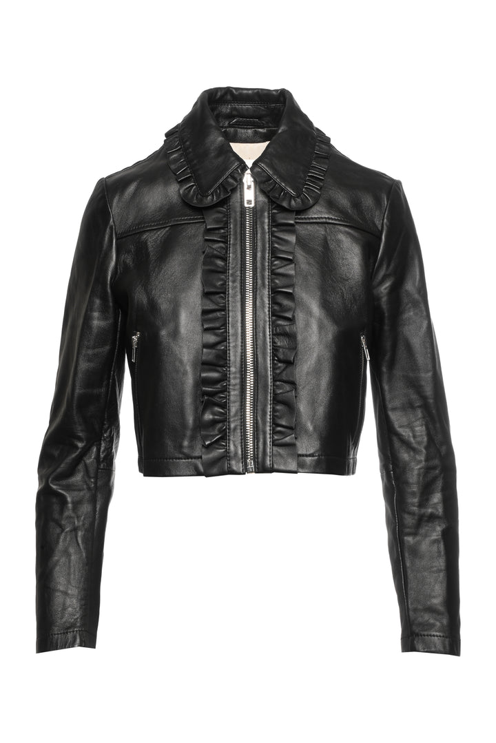 maje Size 40 Ruffle Trim Leather Jacket