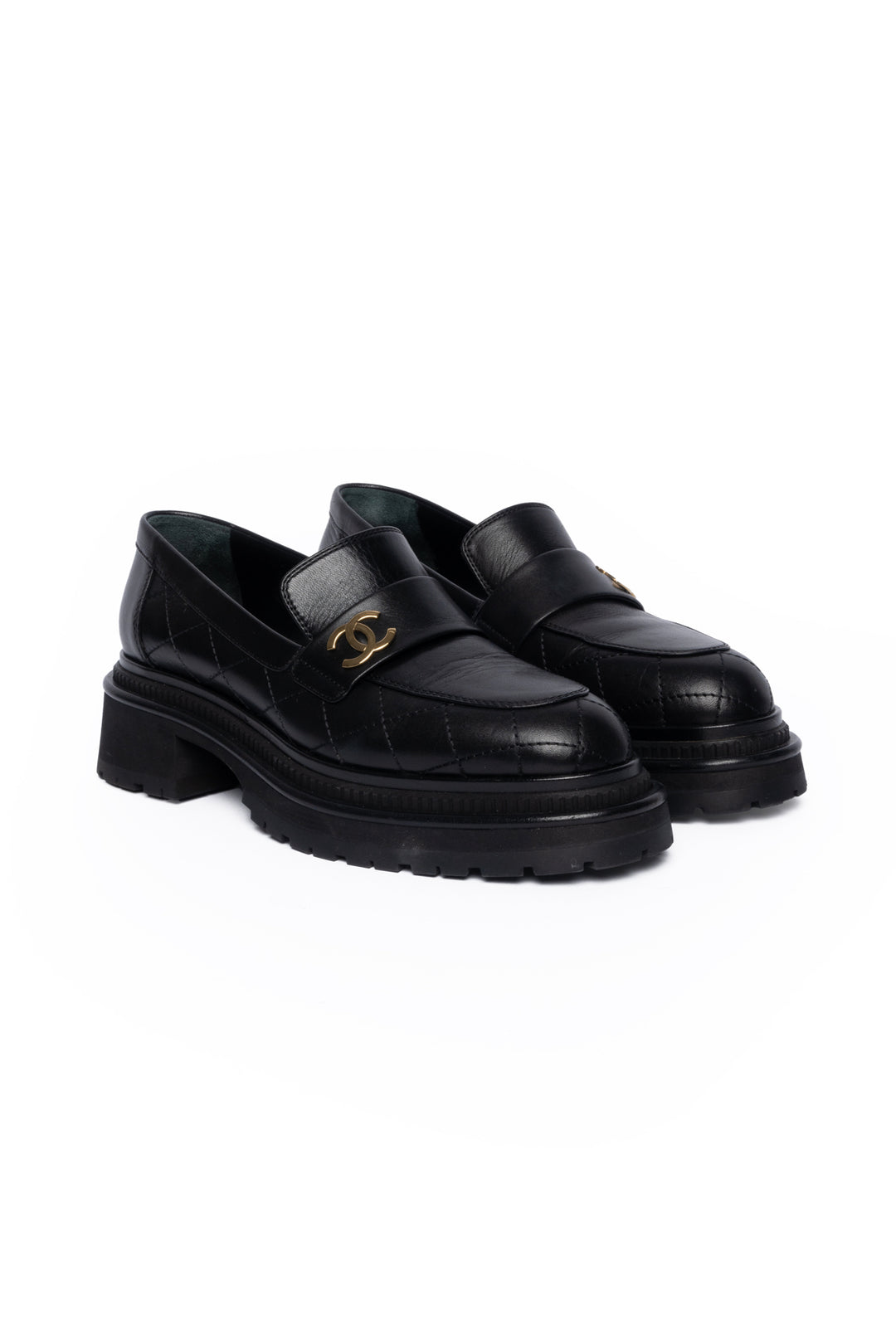 Chanel Size 38.5 Quilted CC Platform Loafers