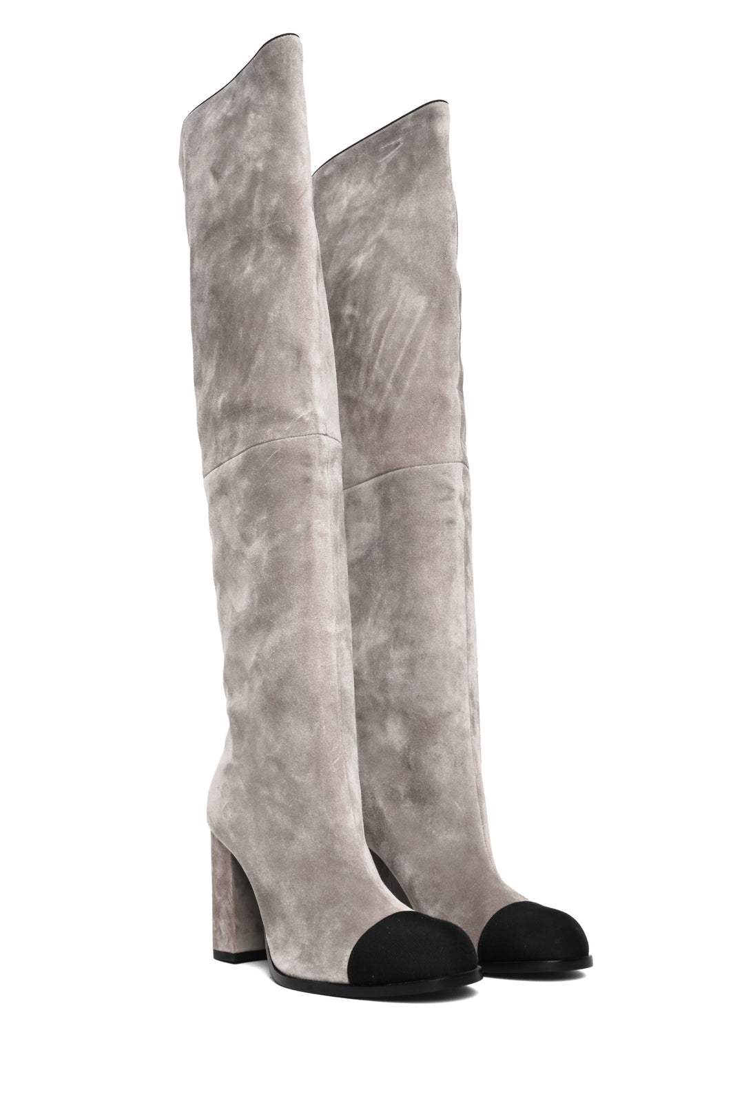 Chanel Size 38.5 Suede Grosgrain Cap Toe Knee High Boots
