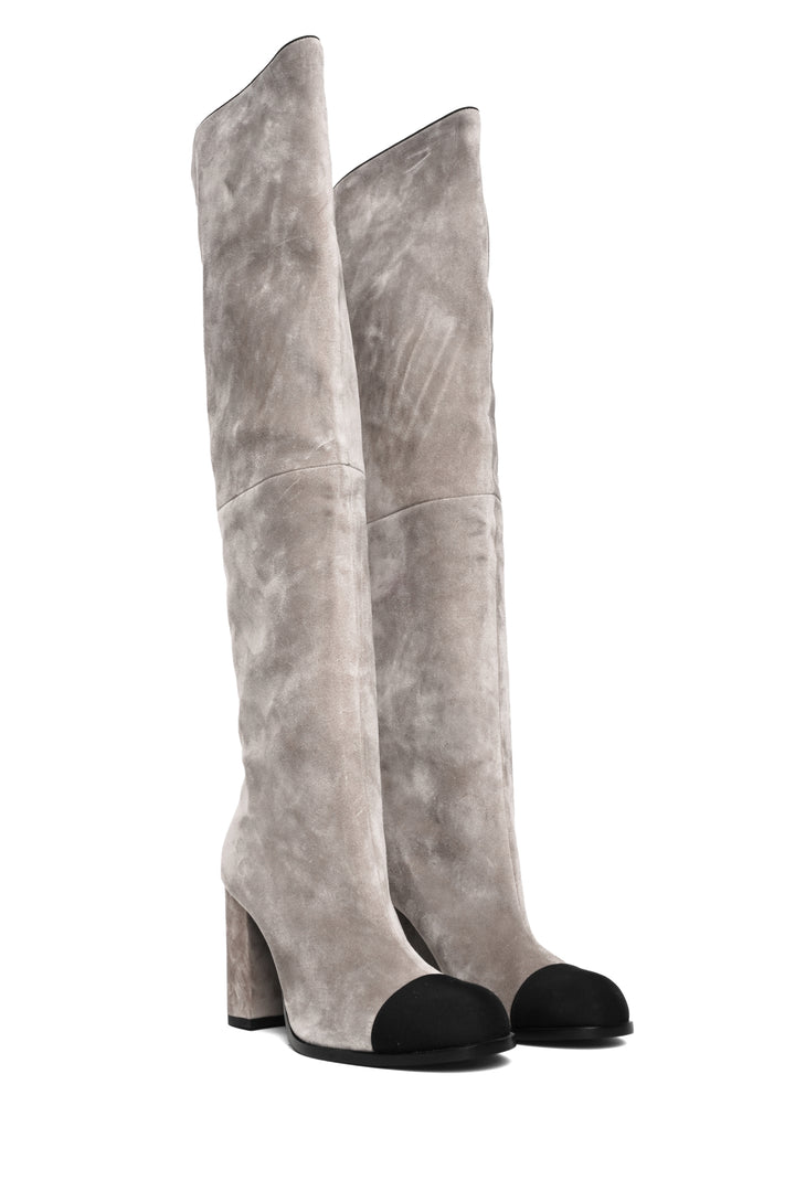 Chanel Size 38.5 Suede Grosgrain Cap Toe Knee High Boots