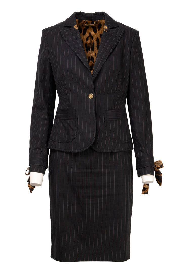 Roberto Cavalli Size 44 Vintage Pinstripe & Leopard Blazer & Skirt Set
