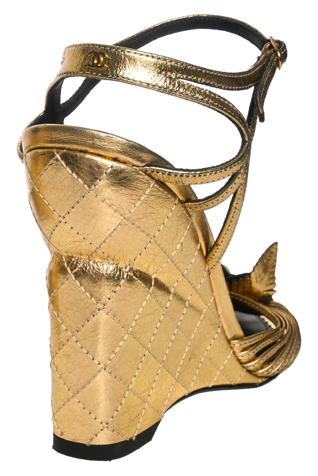 Chanel Size 37 Metallic Faux Pearl Camellia Ankle Strap Wedge Sandals